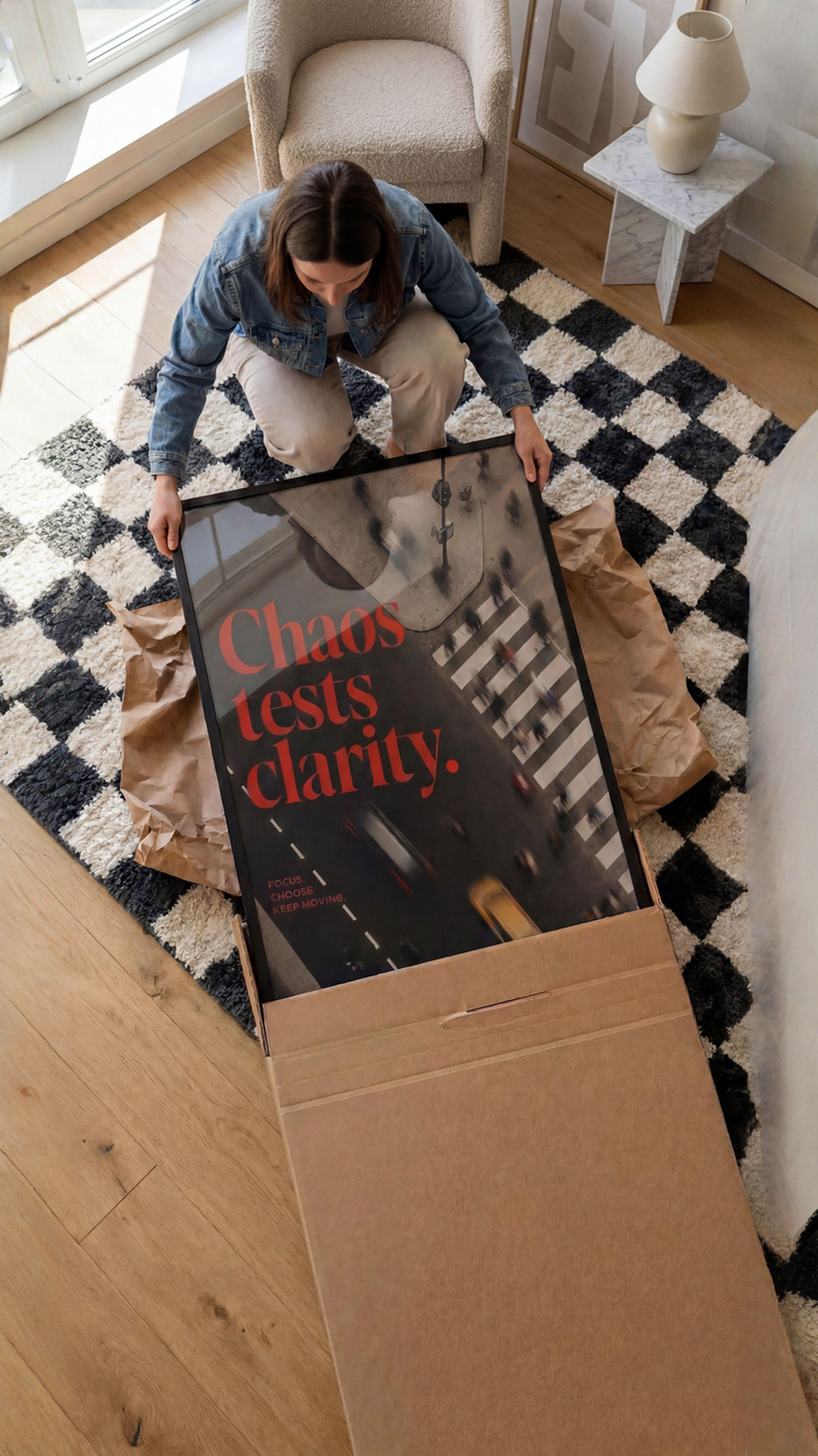 Woman unboxing Rizen Words framed wall art from shipping box