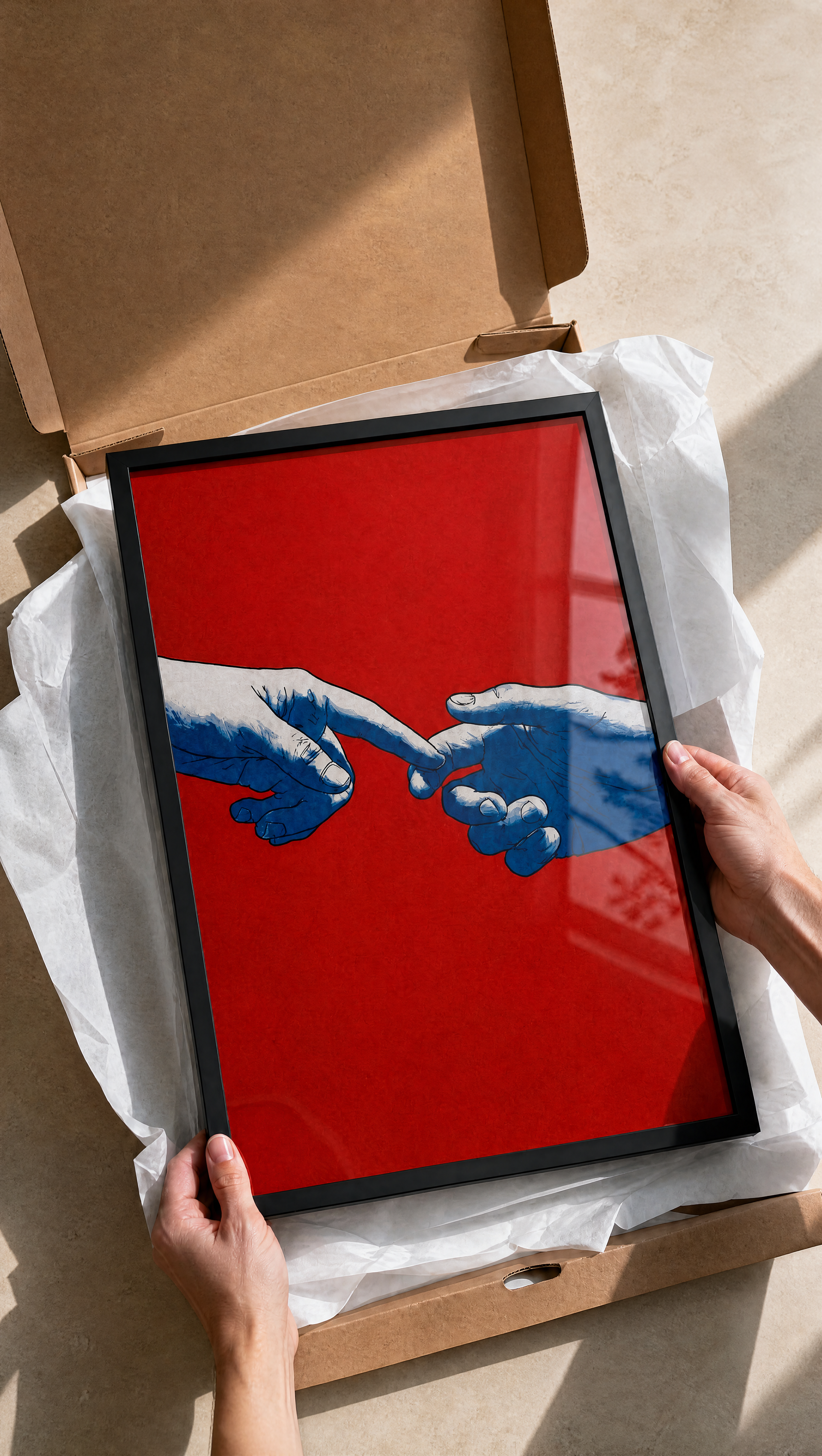 Hands unboxing Rizen framed wall art from shipping box