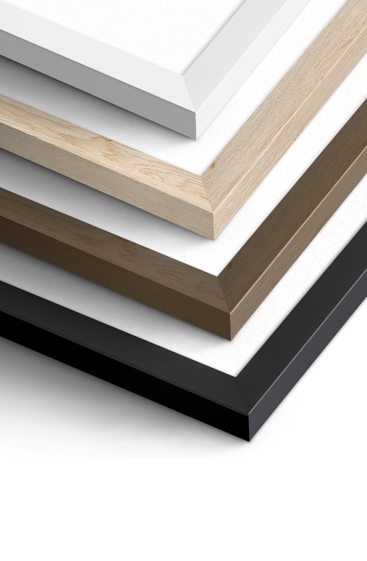 Rizen frame options - white, natural wood, brown wood, and black frames